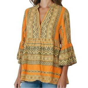NWT EASEL Tribal Print Boho Ruffle Detail V-Neck Babydoll Top Size Small